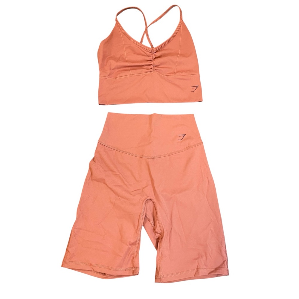 Gymshark Ruched Sports Bra & High Waist Biker Shorts Set – Coral Pink – Size S